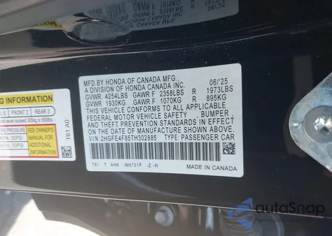 2026 Honda Civic Hybrid Sport/Sport Touring из США, поврежденный, VIN 2HGFE4F85TH302885